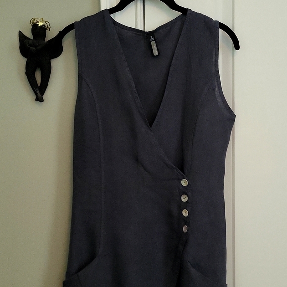 Oizini Lagenlook Linen Sleeveless Faux Wrap Dress - Slate Blue - S - Picture 2 of 10
